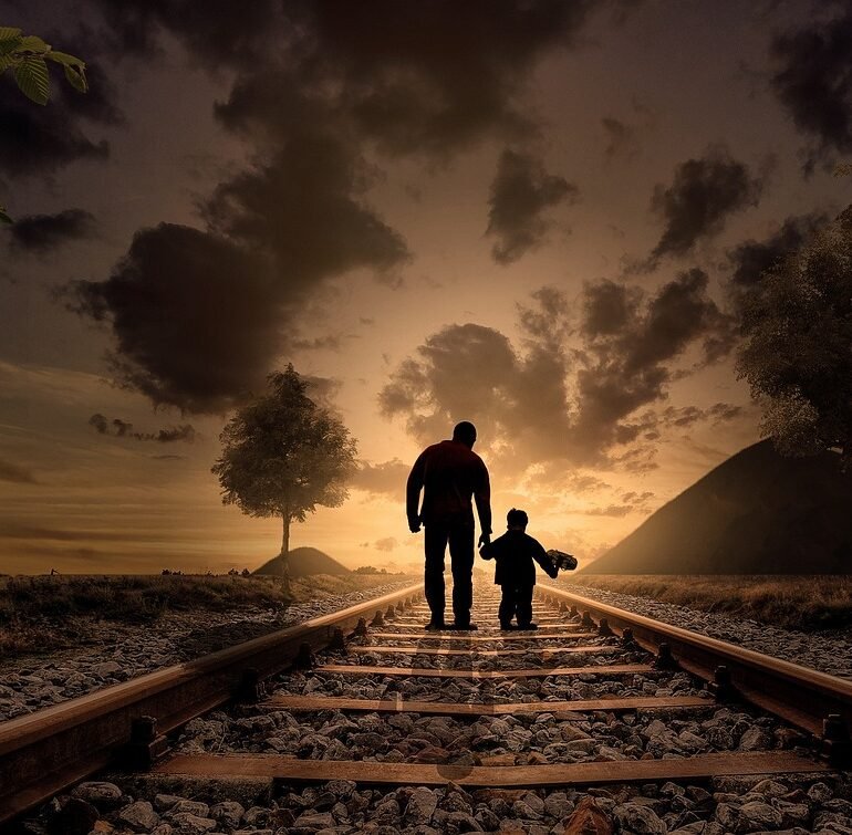 father and son, walking, railway, railroad, gravel, silhouettes, sunset, family, dusk, twilight, walking together, parent, fatherhood, parenthood, love, child, joy, childhood, nature, father, boy, kid, together, railroad tracks, adventure